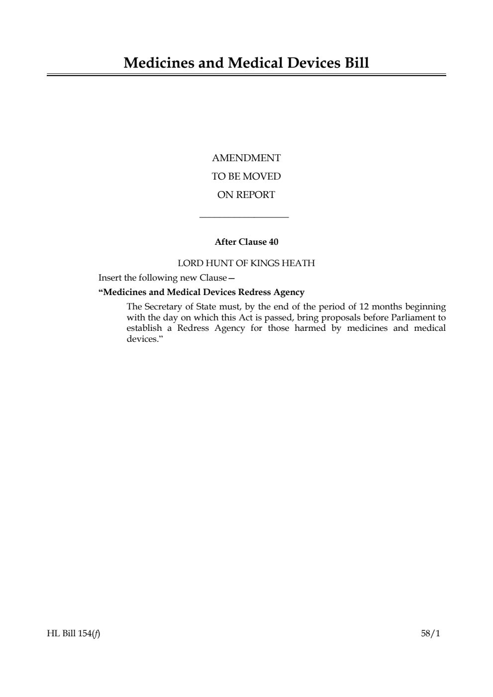 Medicines and Medical Devices Bill Amendment to be moved on report