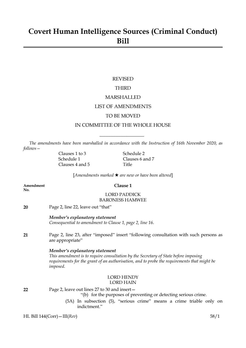 Covert Human Intelligence Sources (Criminal Conduct) Bill Revised Third Marshalled List of Amendments to be moved in Committee of the Whole House