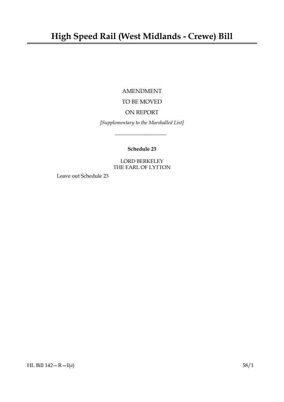 High Speed Rail (West Midlands - Crewe) Bill Amendment to be moved on report