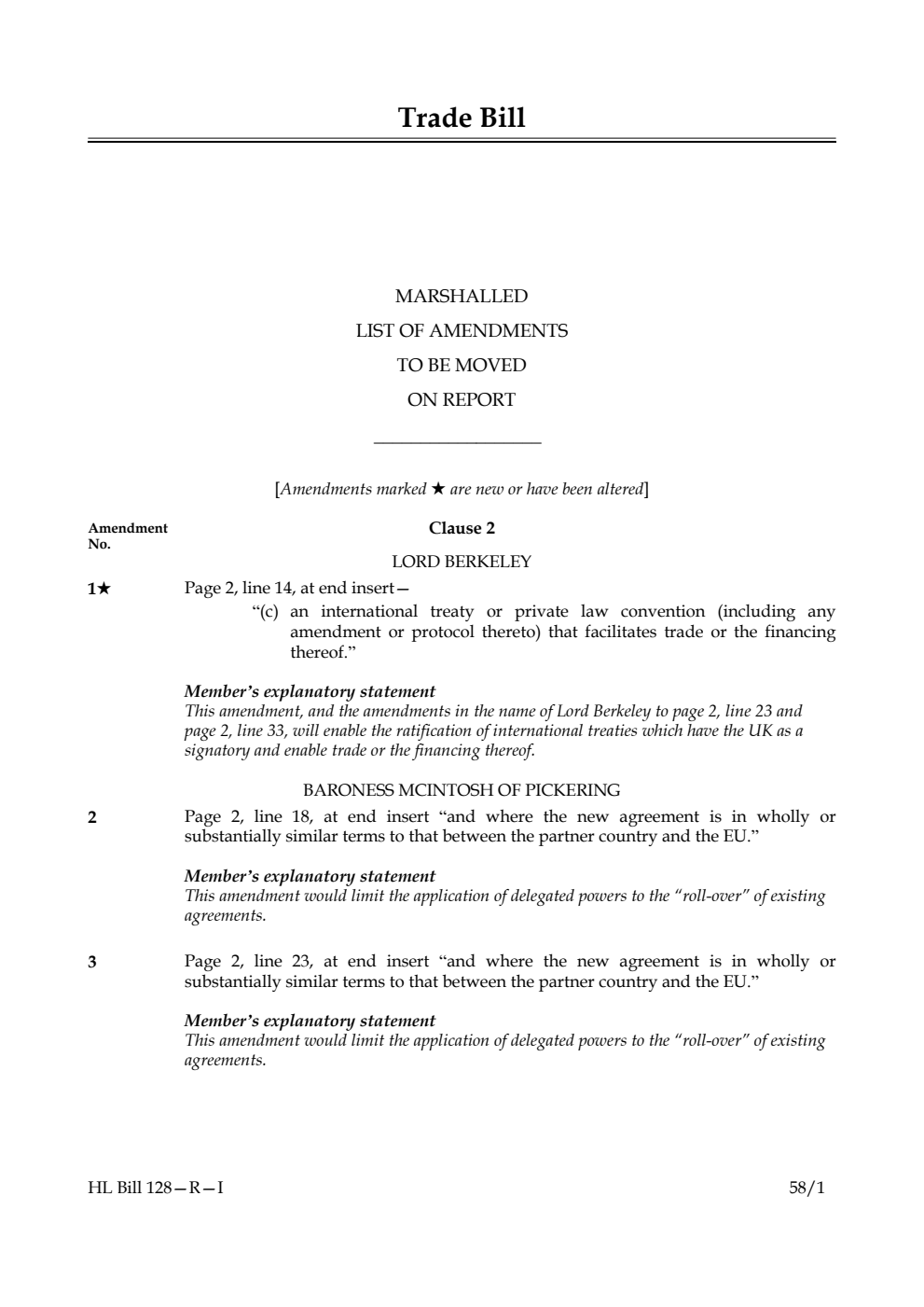 Trade Bill Marshalled List of amendments to be moved on report