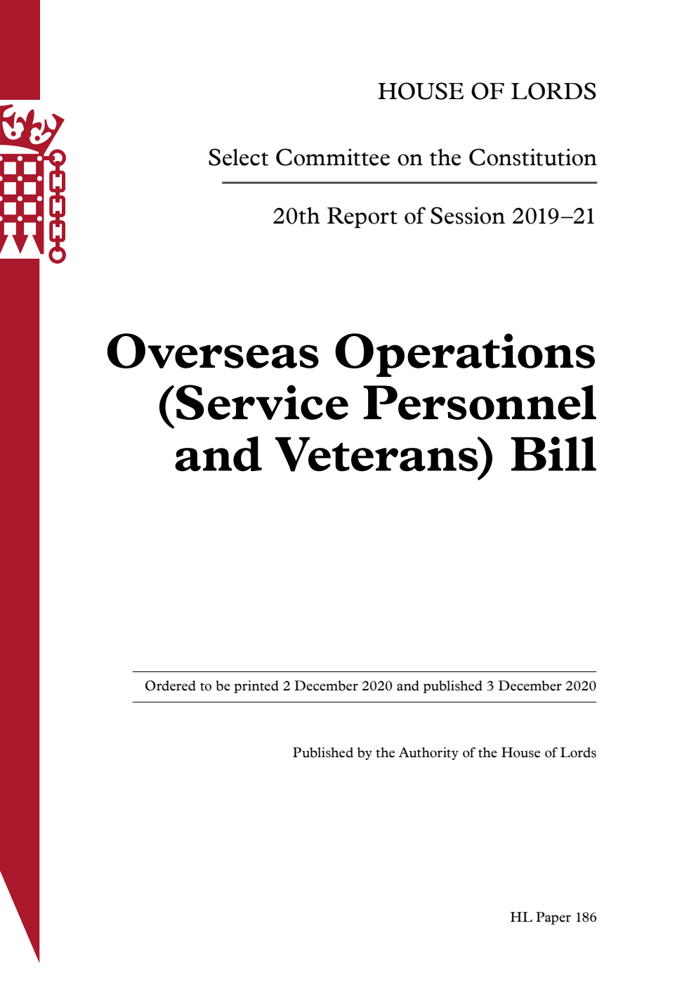 Constitution Committee 20th Report. Overseas Operations (Service Personnel and Veterans) Bill