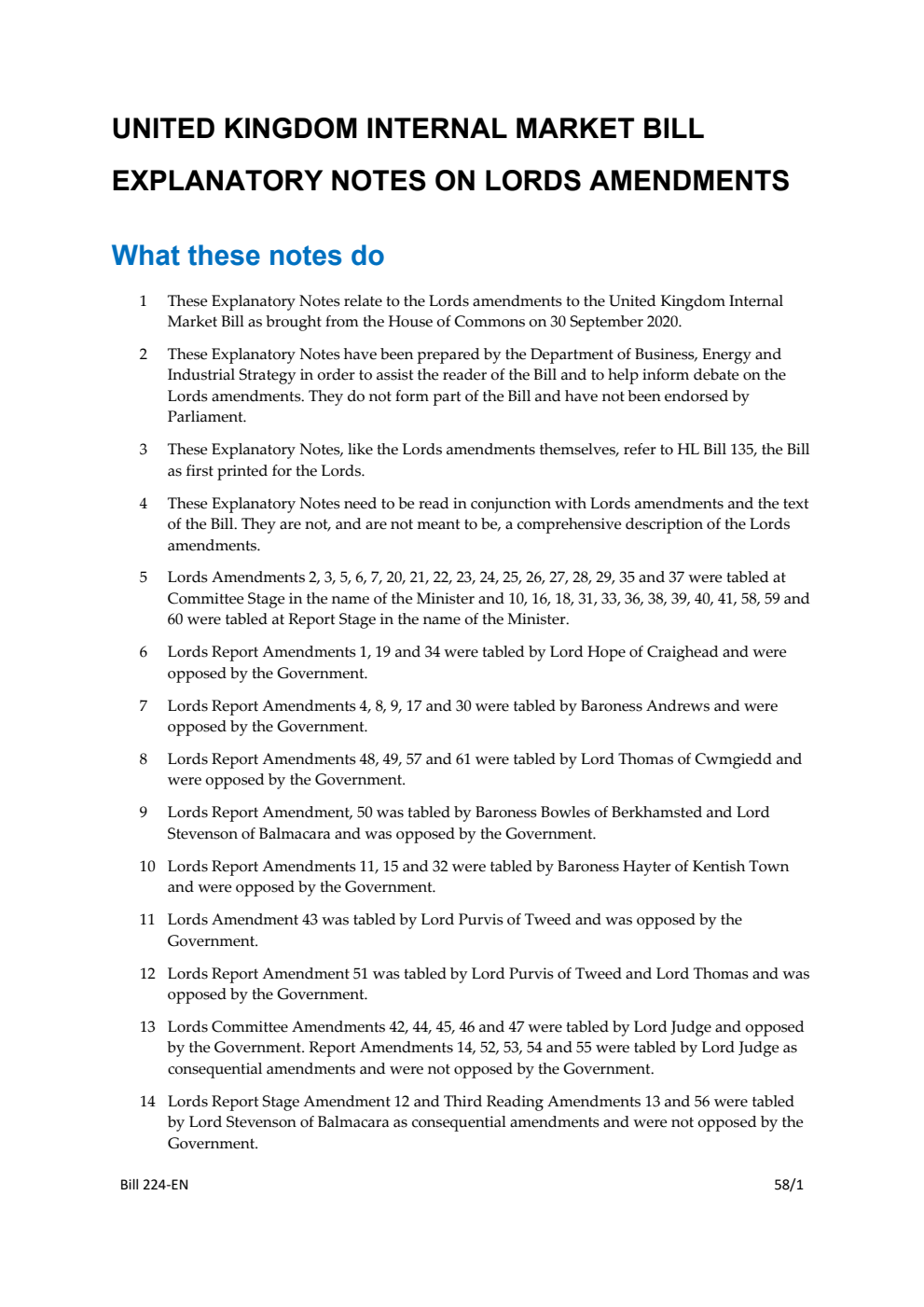 United Kingdom Internal Market Bill Explanatory Notes on Lords Amendments