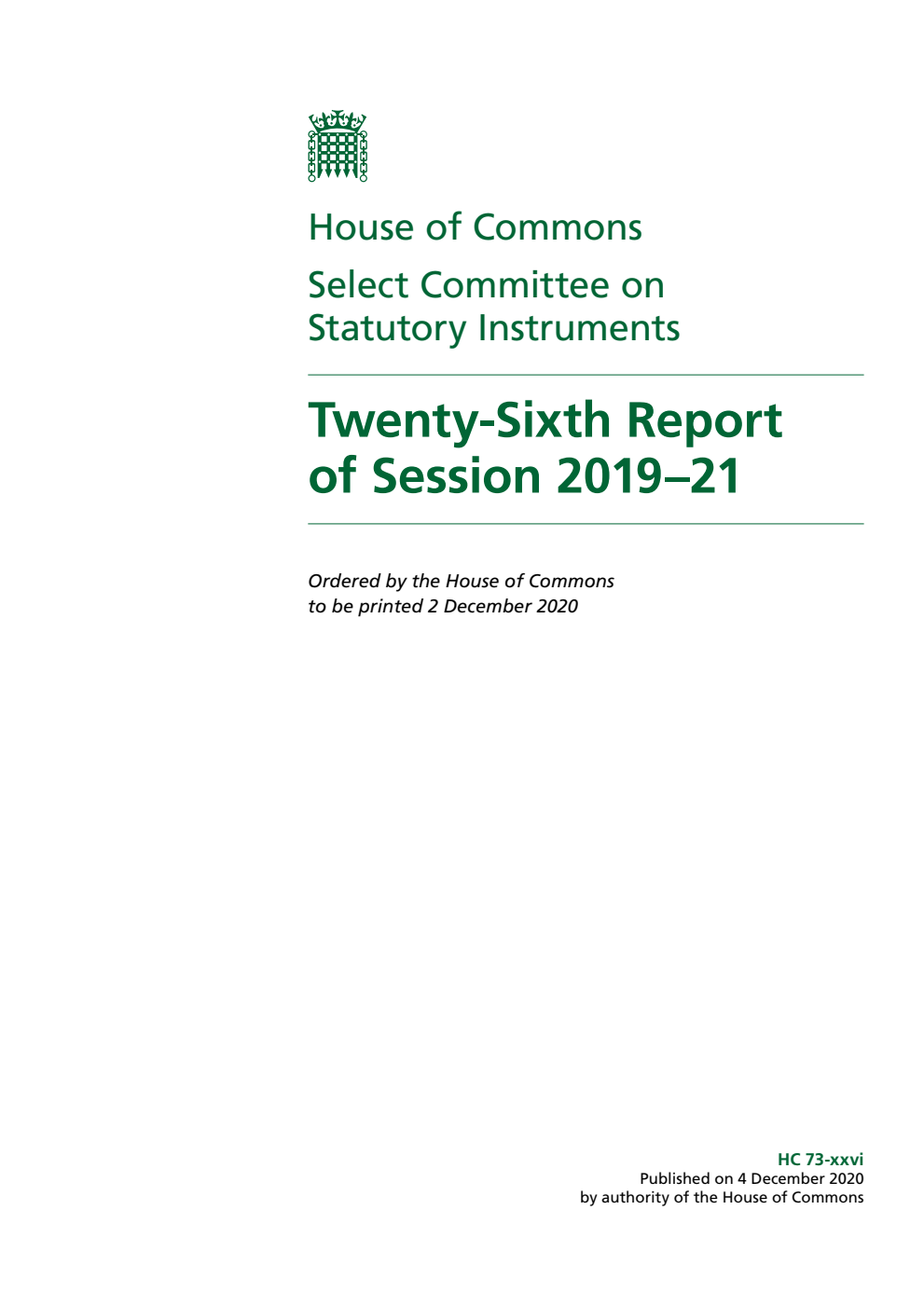 Statutory Instruments Committee 26th Report of Session 2019–21