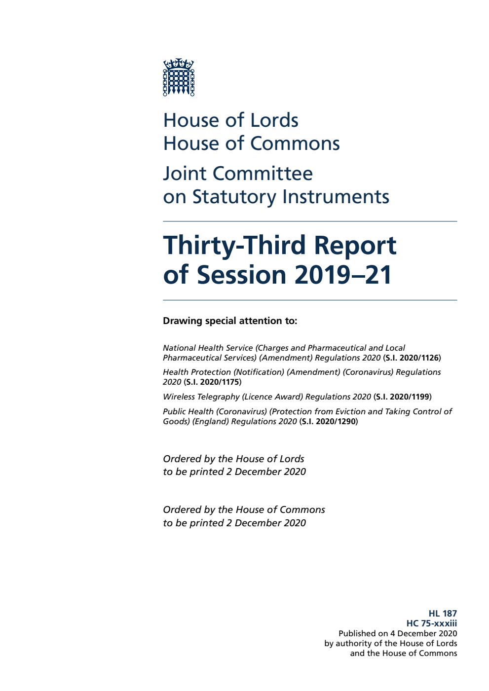 Joint Committee on Statutory Instruments 33rd Report of Session 2019-21