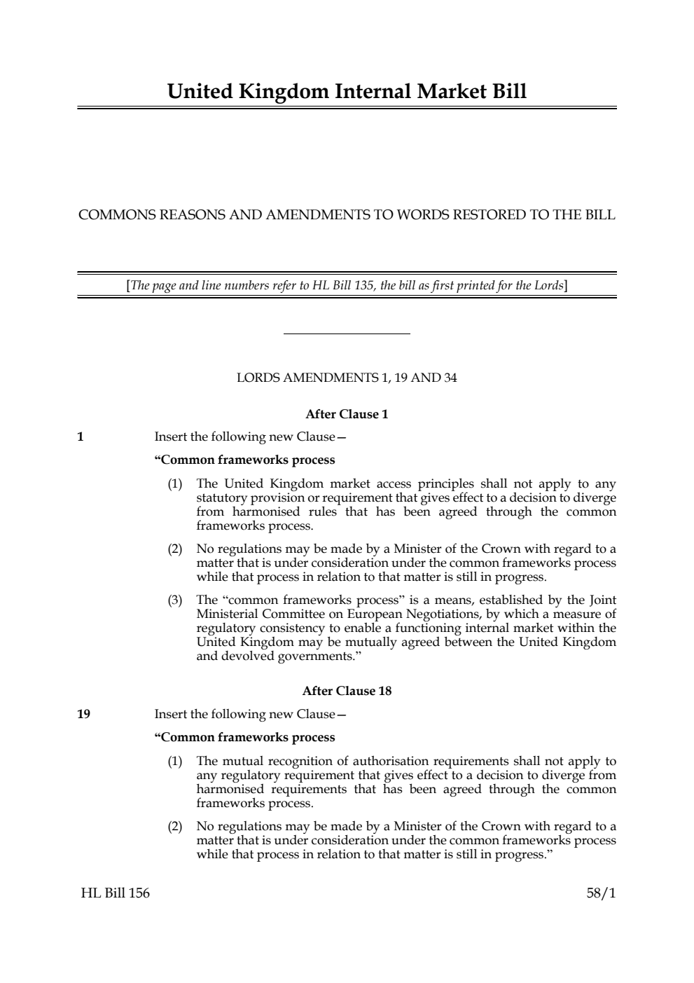 United Kingdom Internal Market Bill Commons reasons and amendments to words restored to the Bill