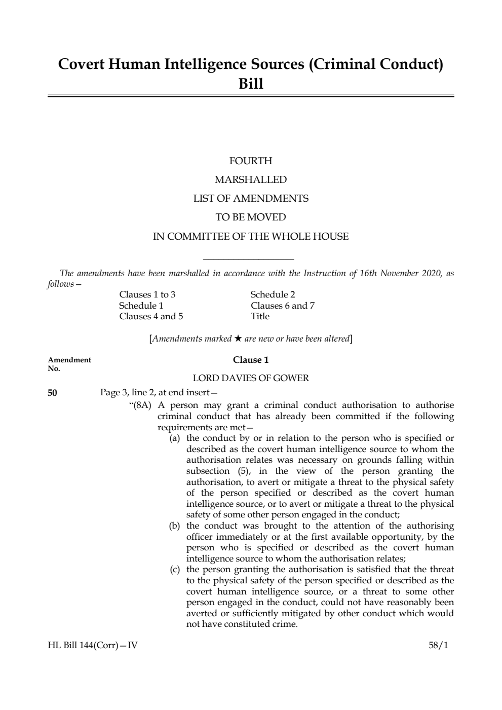 Covert Human Intelligence Sources (Criminal Conduct) Bill Fourth Marshalled List of Amendments to be moved in Committee of the Whole House
