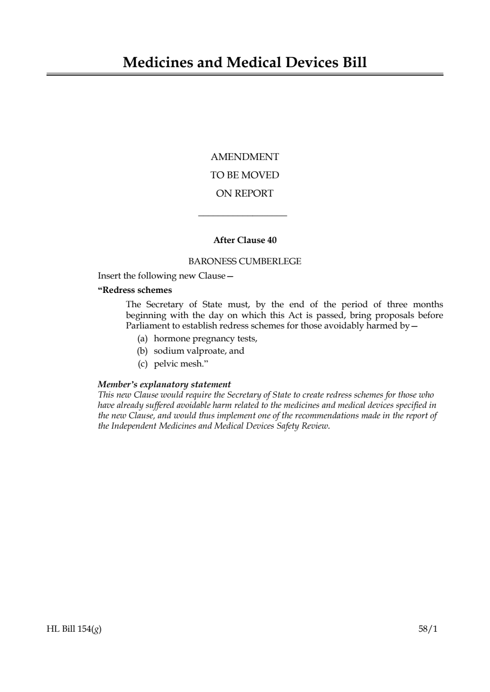 Medicines and Medical Devices Bill Amendment to be moved on report