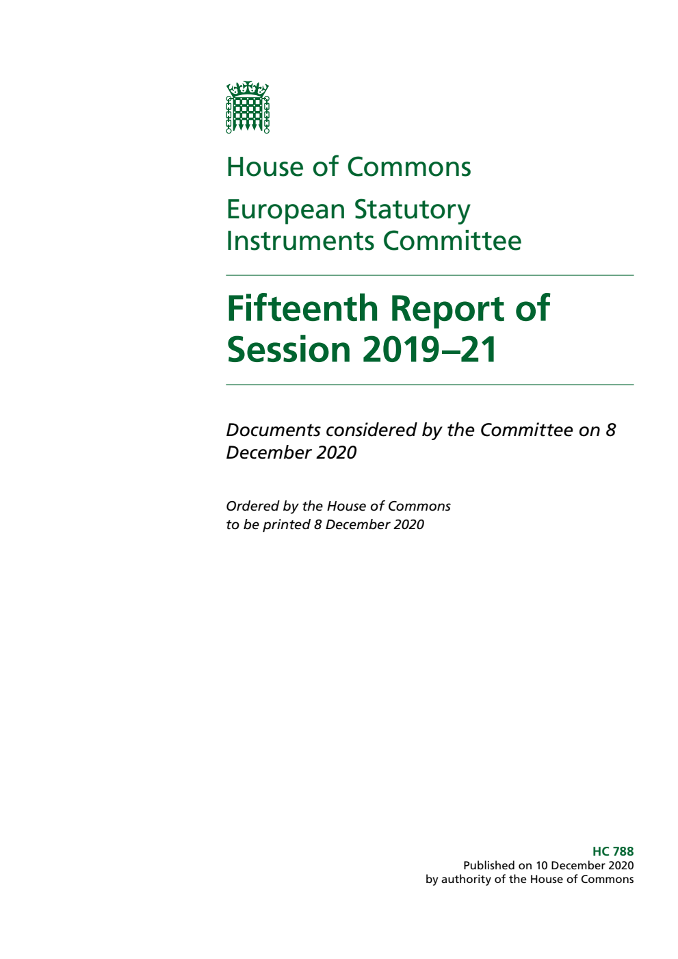 European Statutory Instruments Committee 15th Report of Session 2019-2021