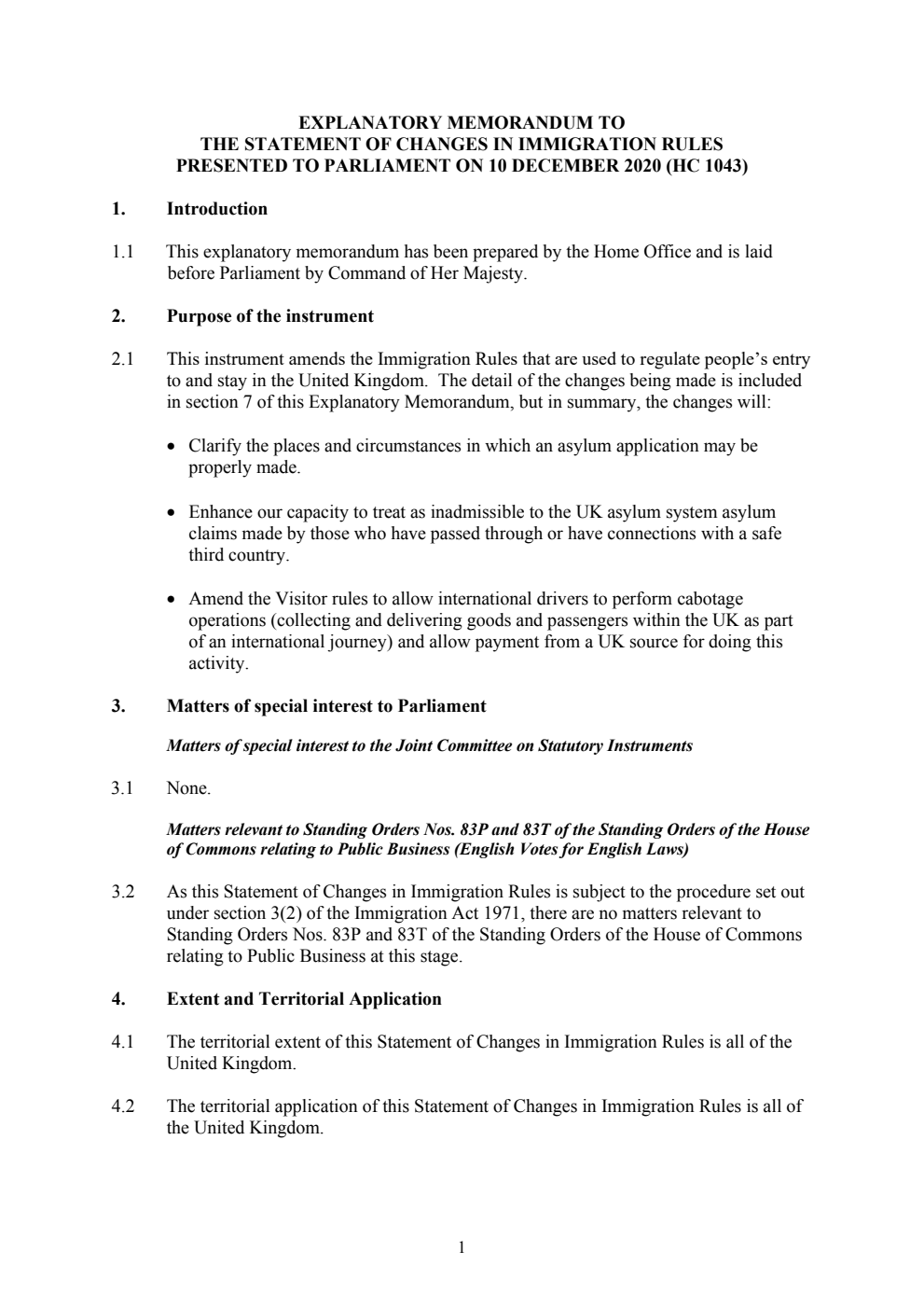 Explanatory Memorandum to the Statement of Changes in Immigration Rules