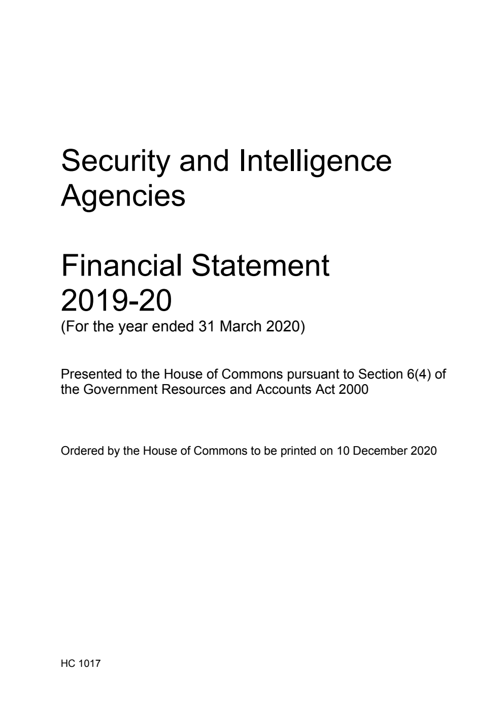 Security and Intelligence Agencies Financial Statement 2019-20 (for the year ended 31 March 2020)
