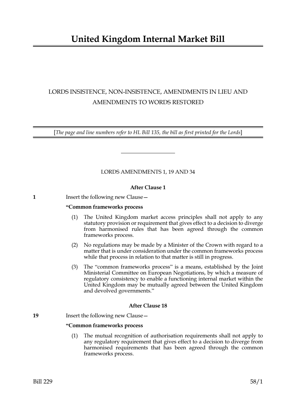 United Kingdom Internal Market Bill Lords insistence, non-insistence, amendments in lieu and amendments to words restored