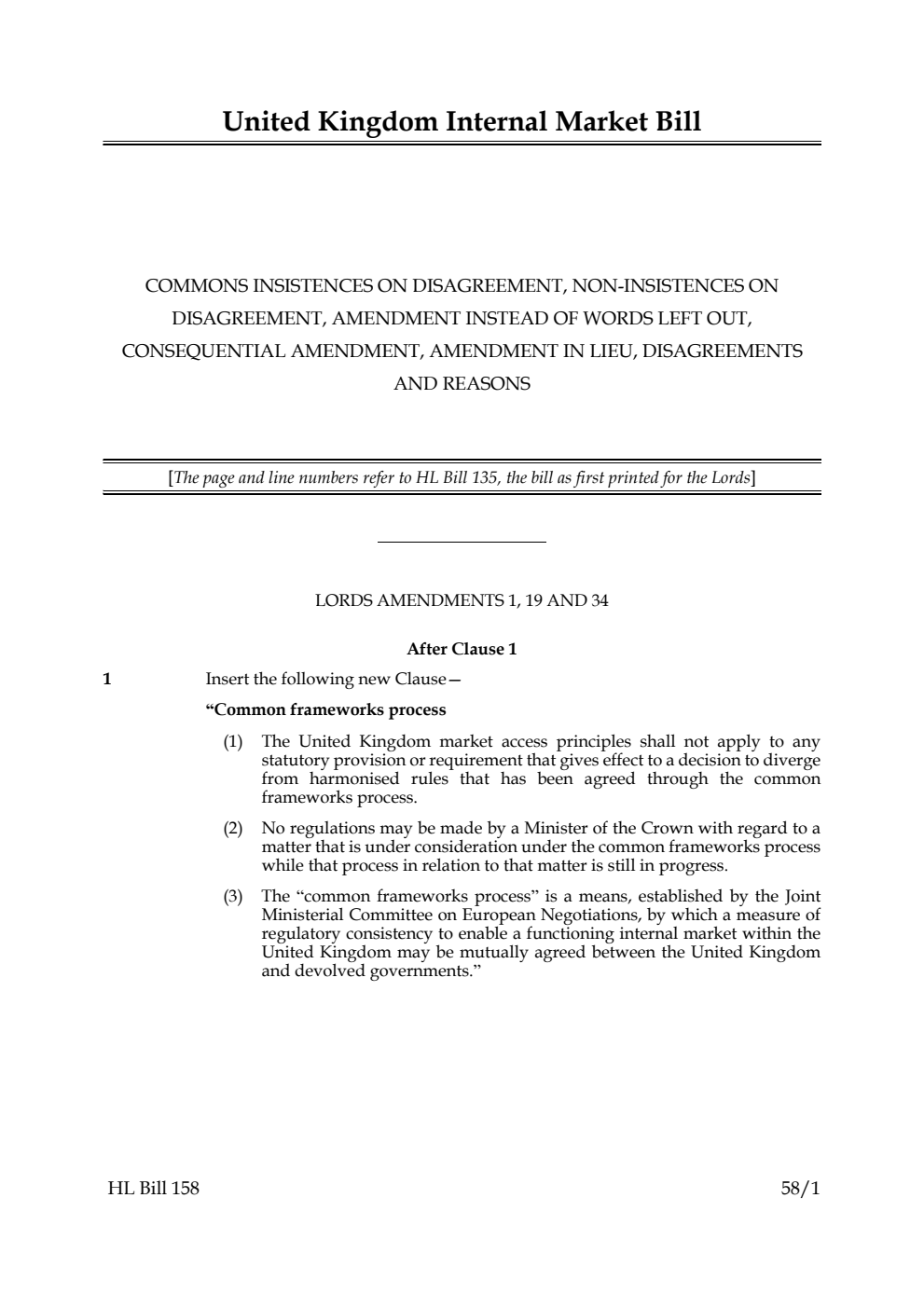United Kingdom Internal Market Bill Commons insistences on disagreement, non-insistences on disagreement, amendment instead of words left out, consequential amendment, amendment in lieu, disagreements and reasons