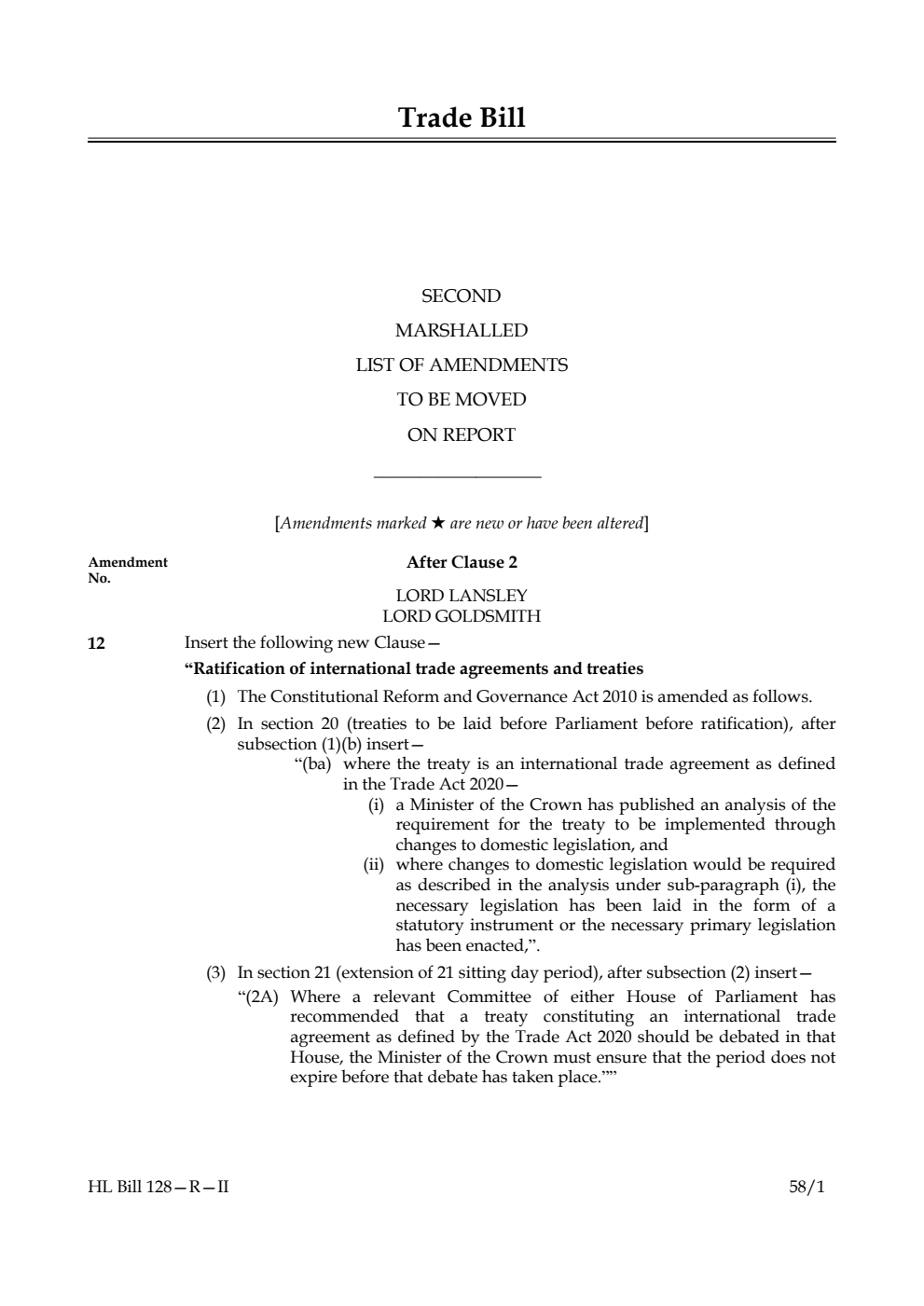 Trade Bill Second Marshalled List of amendments to be moved on report