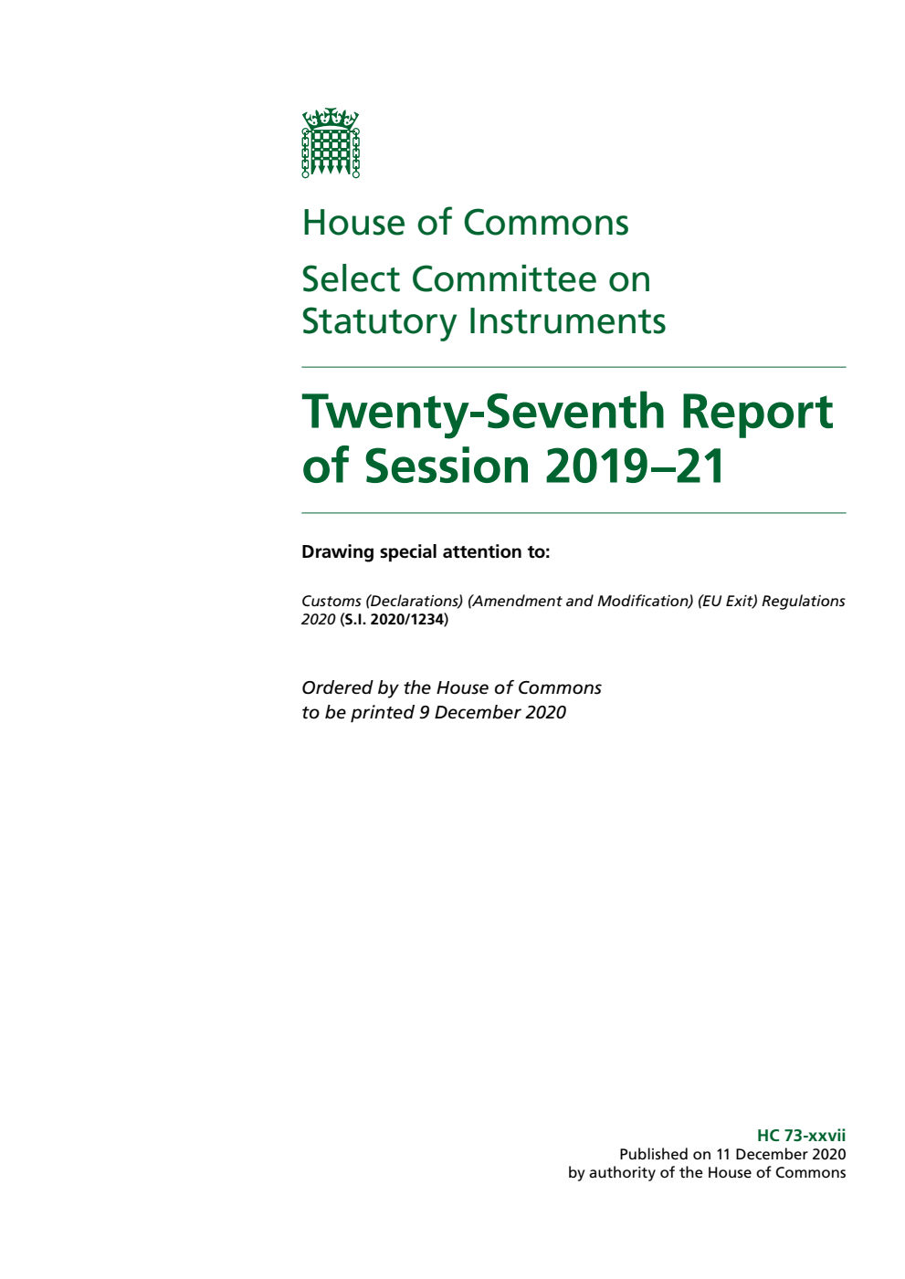 Statutory Instruments Committee 27th Report of Session 2019–21