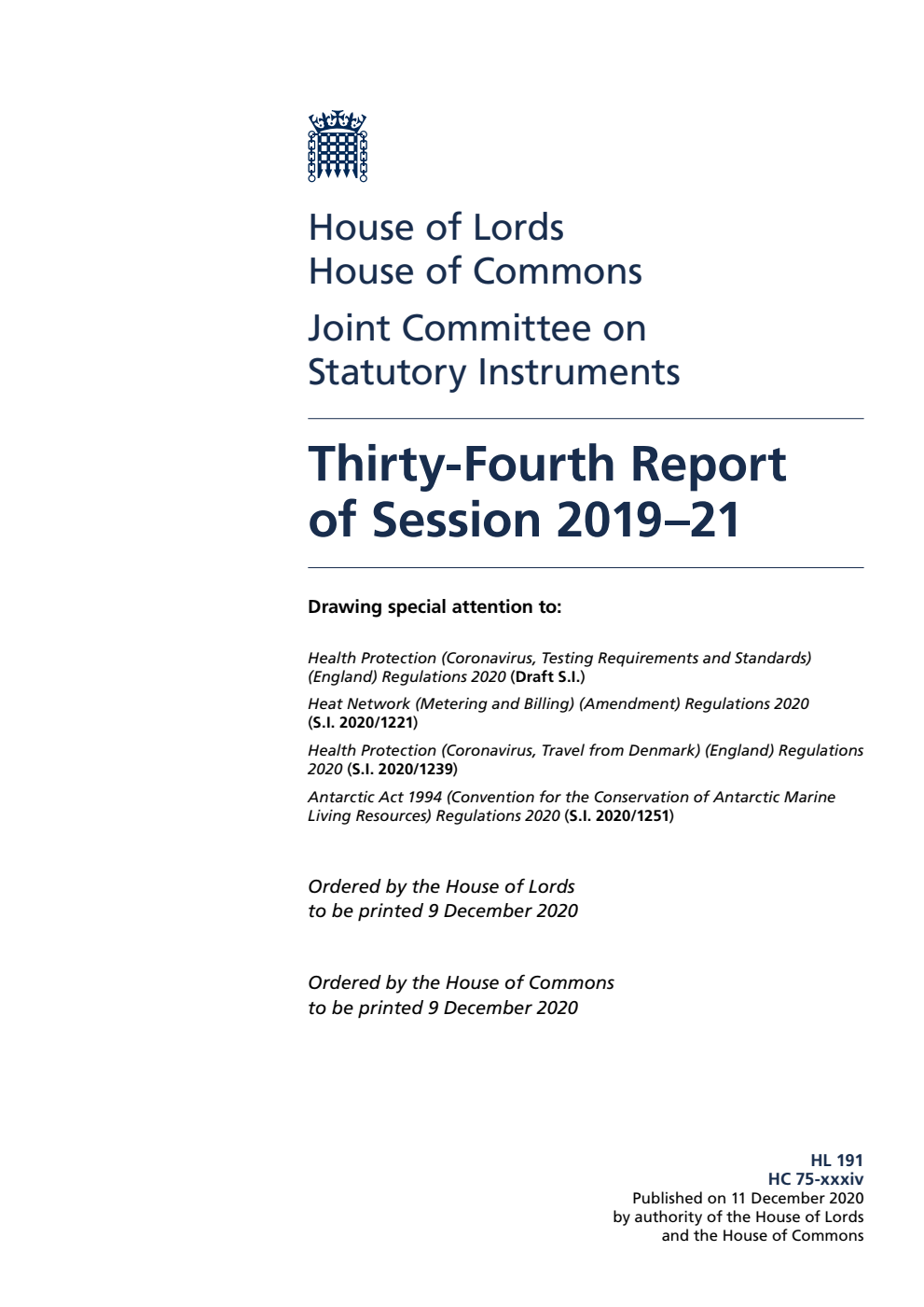 Joint Committee on Statutory Instruments 34th Report of Session 2019-21