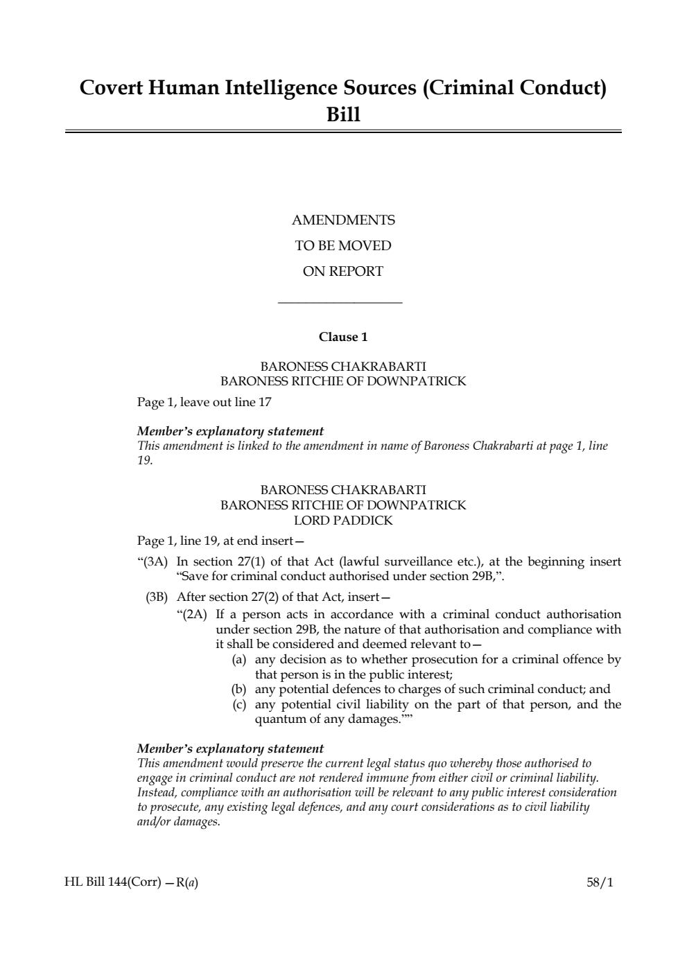 Covert Human Intelligence Sources (Criminal Conduct) Bill Amendments to be moved on Report