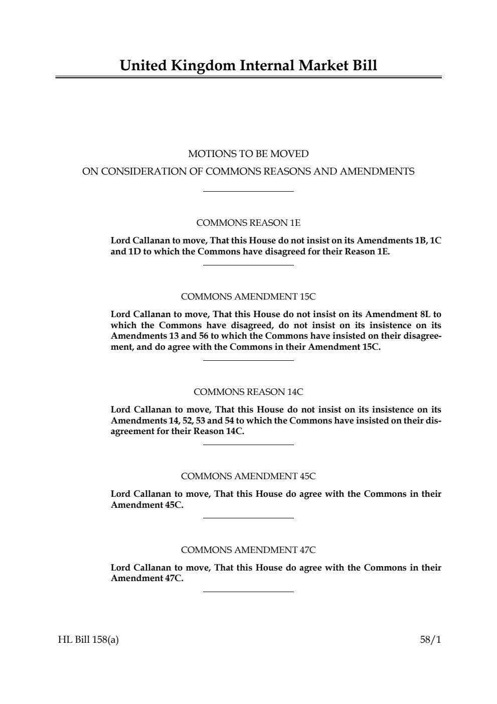 United Kingdom Internal Market Bill Motions to be moved on consideration of Commons reasons and amendments