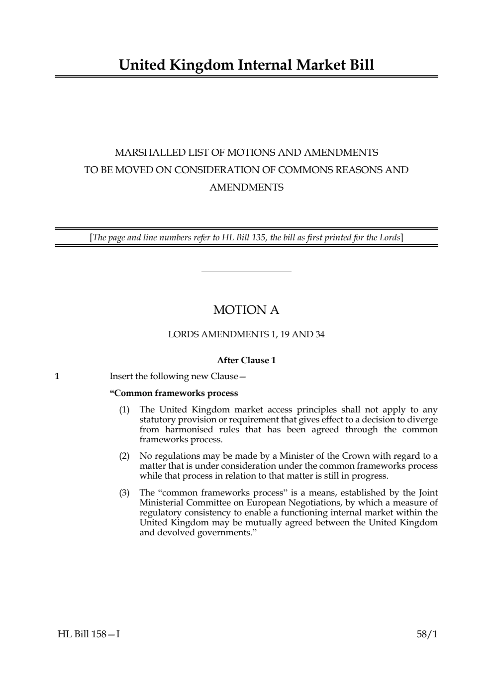 United Kingdom Internal Market Bill Marshalled list of motions and amendments to be moved on consideration of Commons reasons and amendments