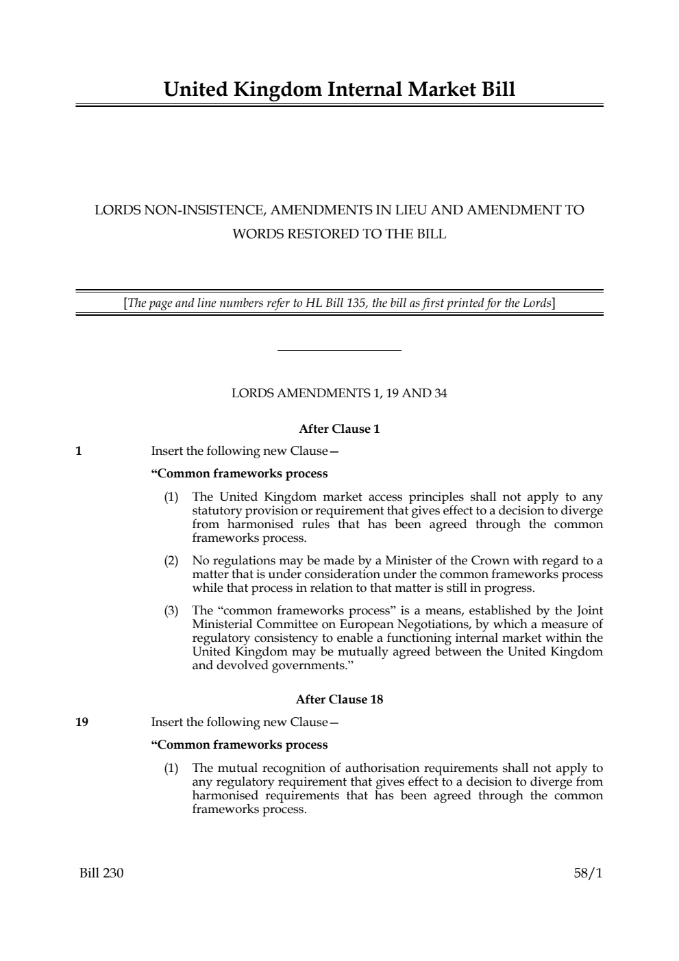 United Kingdom Internal Market Bill Lords non-insistence, amendments in lieu and amendment to words restored to the Bill