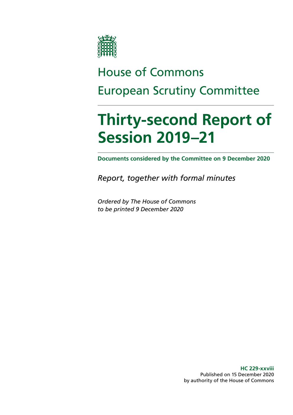 European Scrutiny Committee 32nd Report of Session 2019-21