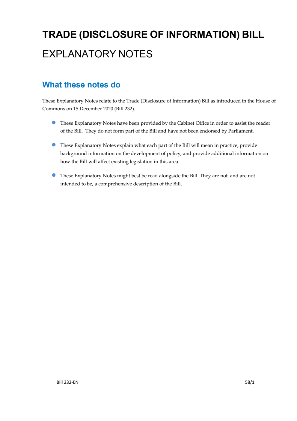 Trade (Disclosure of Information) Bill Explanatory Notes