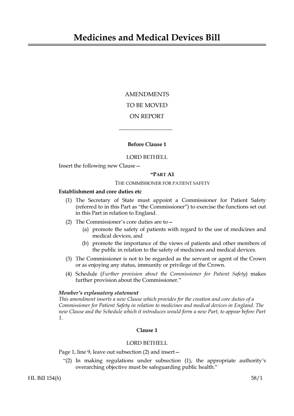 Medicines and Medical Devices Bill Amendments to be moved on report