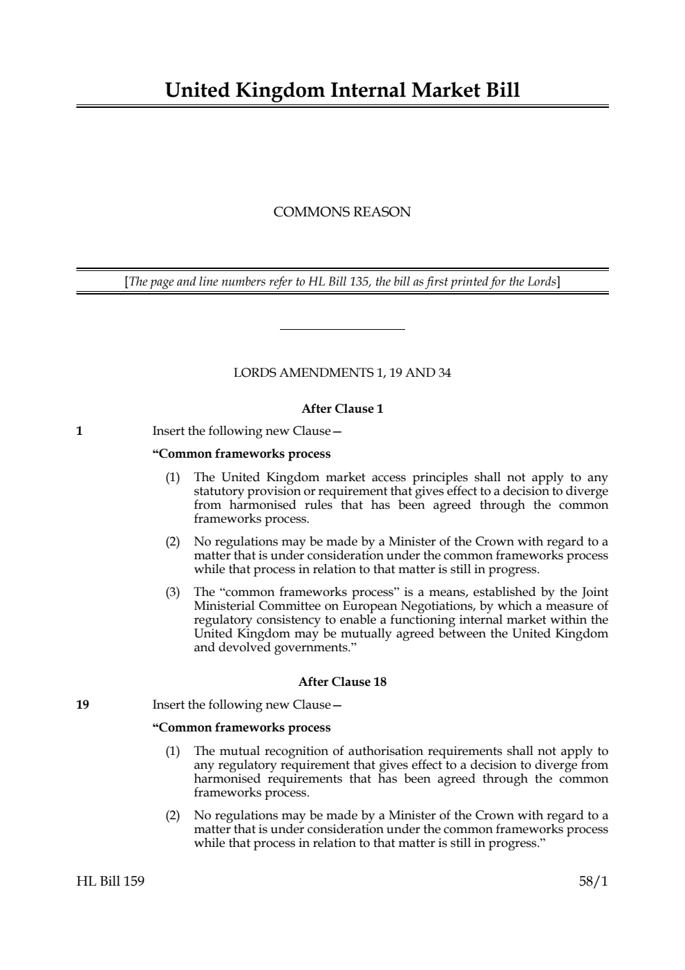 United Kingdom Internal Market Bill Commons reasons
