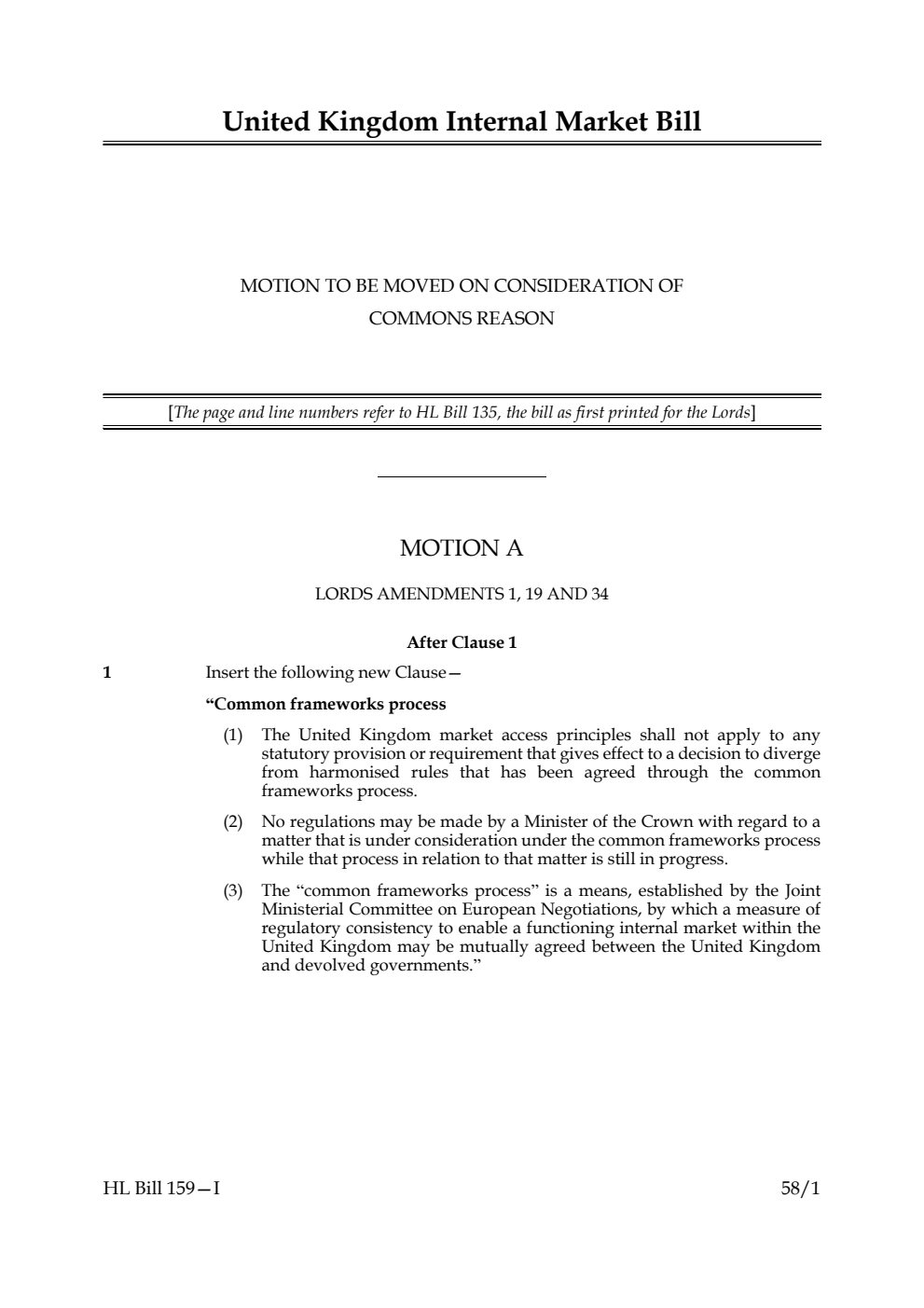 United Kingdom Internal Market Bill Motion to be moved on consideration of Commons reasons