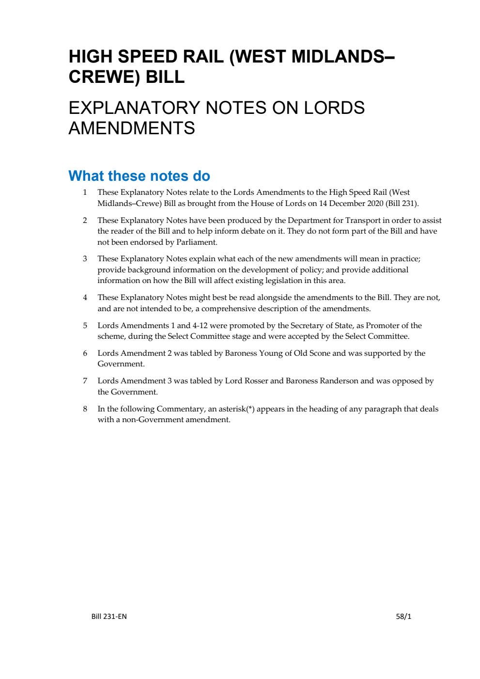 High Speed Rail (West Midlands - Crewe) Bill Explanatory Notes on Lords Amendments