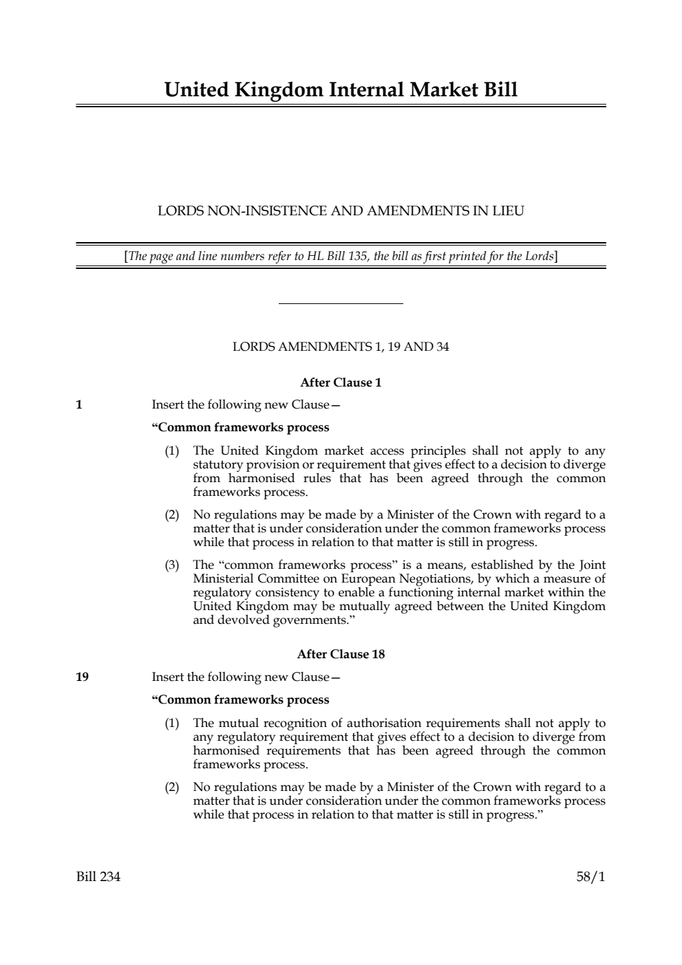 United Kingdom Internal Market Bill Lords non-insistence and amendments in lieu