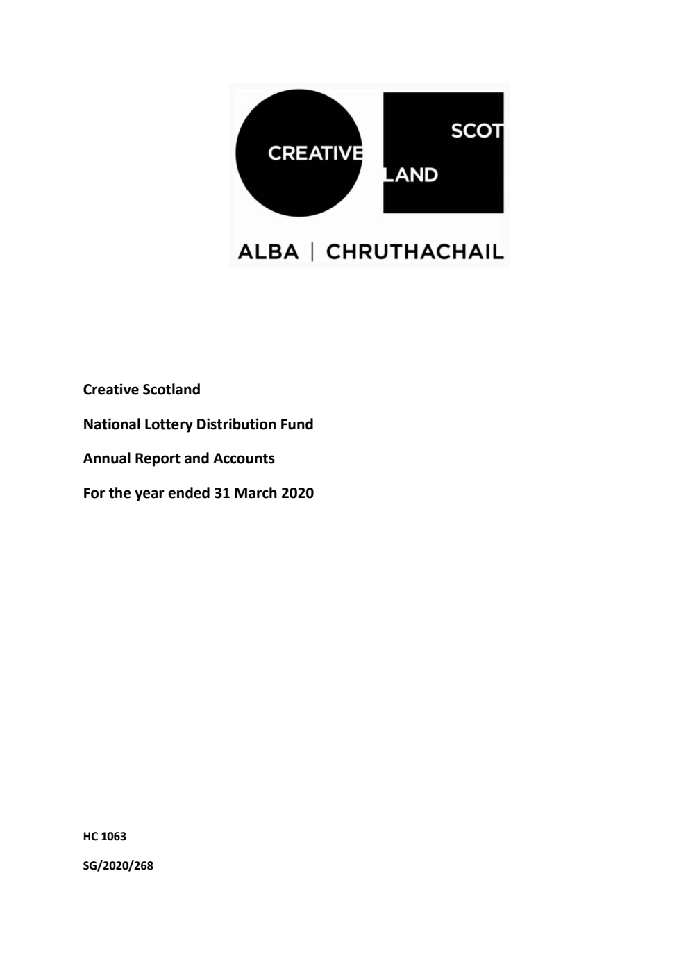 Creative Scotland National Lottery Distribution Fund Annual Report and Accounts for the year ended 31 March 2020