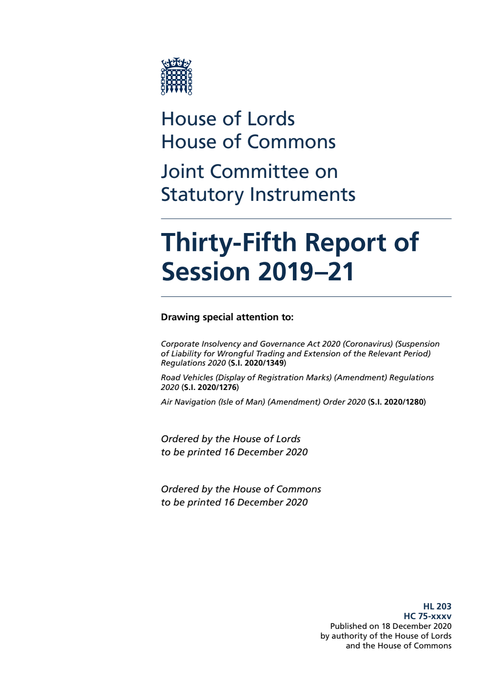 Joint Committee on Statutory Instruments 35th Report of Session 2019-21