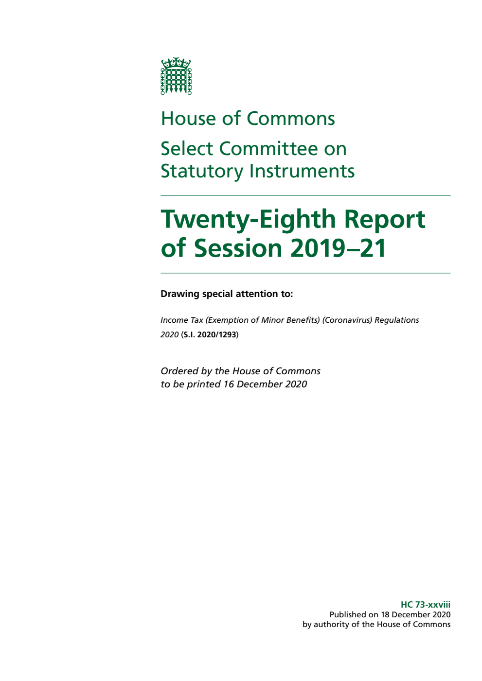 Statutory Instruments Committee 28th Report of Session 2019–21