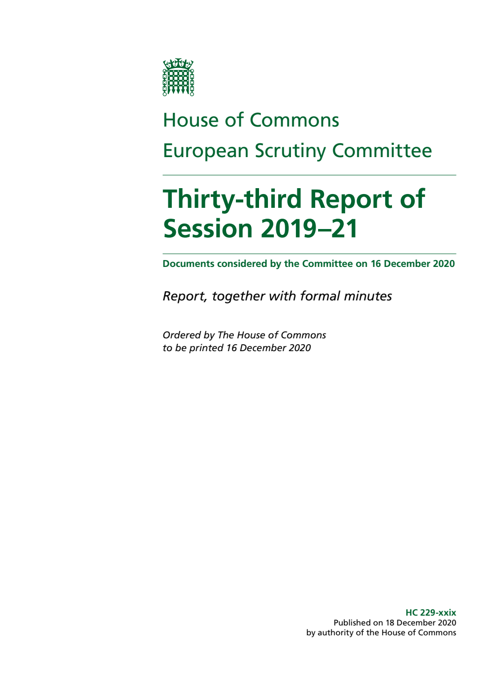 European Scrutiny Committee 33rd Report of Session 2019-21