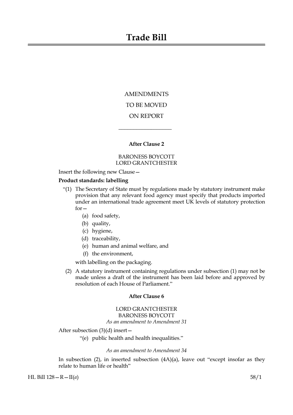 Trade Bill Amendments to be moved on report