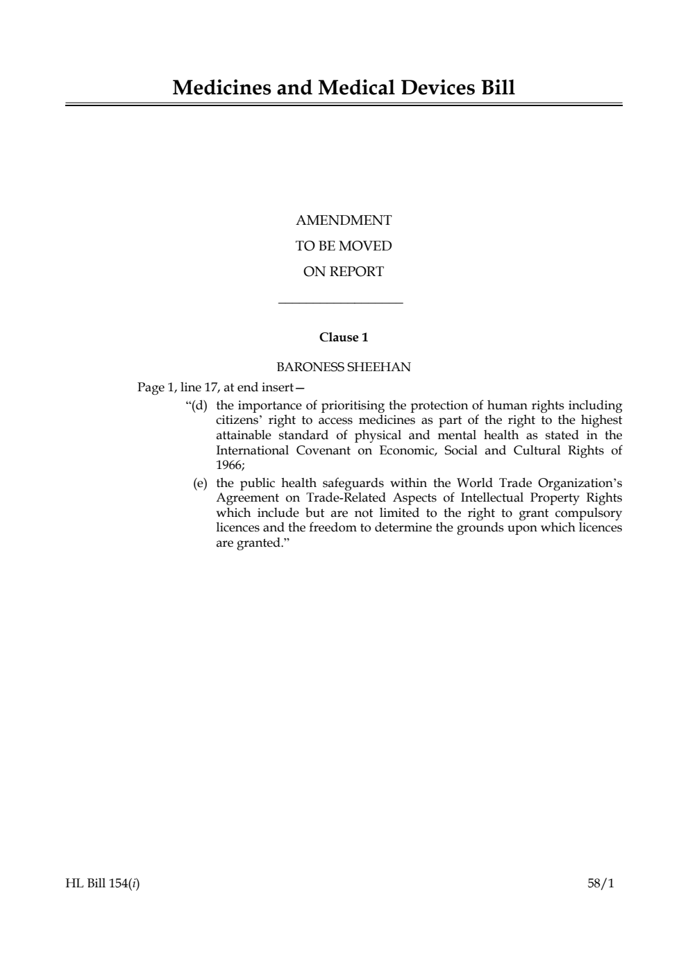 Medicines and Medical Devices Bill Amendment to be moved on report