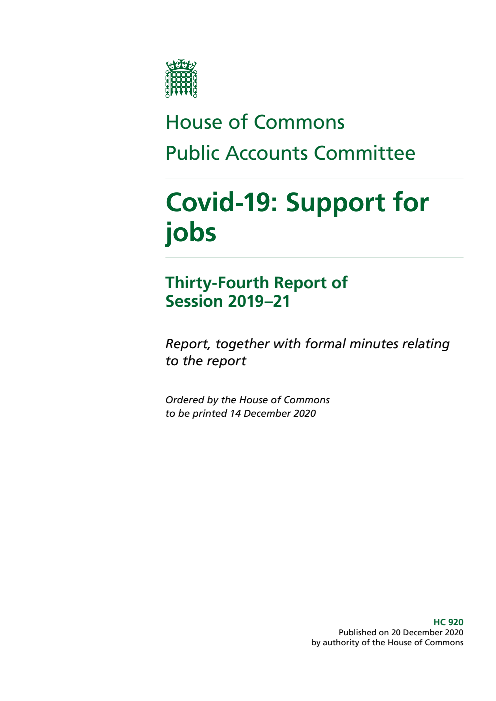 Public Accounts Committee 34th Report. Covid19 Support for jobs