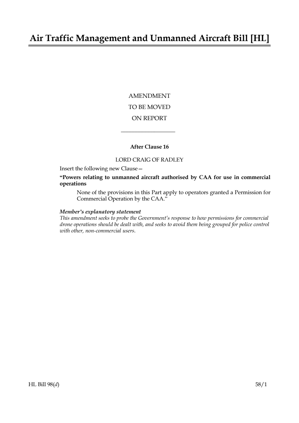Air Traffic Management and Unmanned Aircraft Bill Amendment to be moved on Report