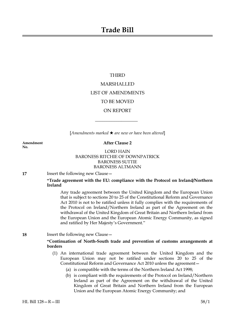 Trade Bill Third Marshalled List of amendments to be moved on report