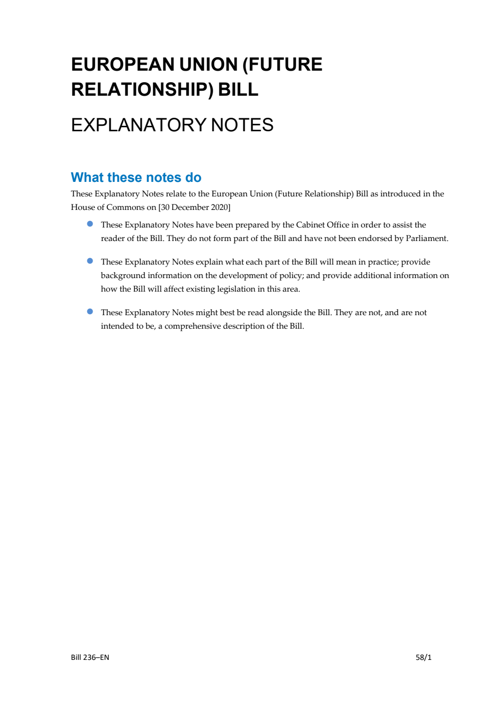 European Union (Future Relationship) Bill Explanatory Notes
