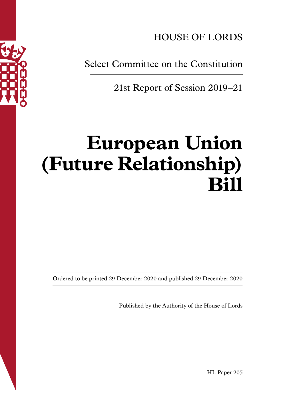 Constitution Committee 21st Report. European Union (Future Relationship) Bill