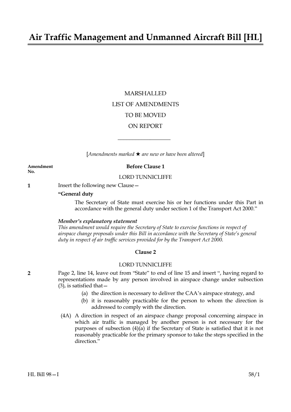Air Traffic Management and Unmanned Aircraft Bill Marshalled List of amendments to be moved on report