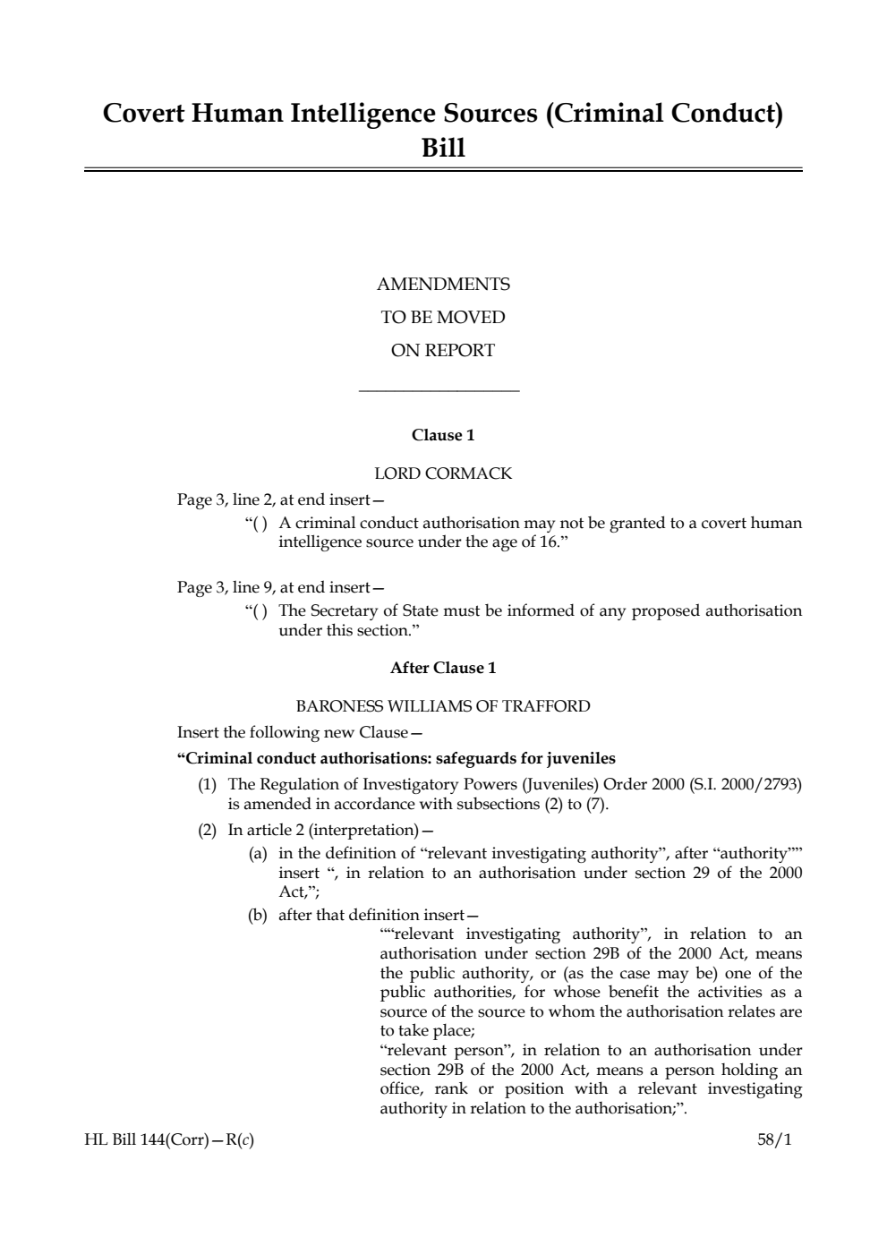 Covert Human Intelligence Sources (Criminal Conduct) Bill Amendments to be moved on Report