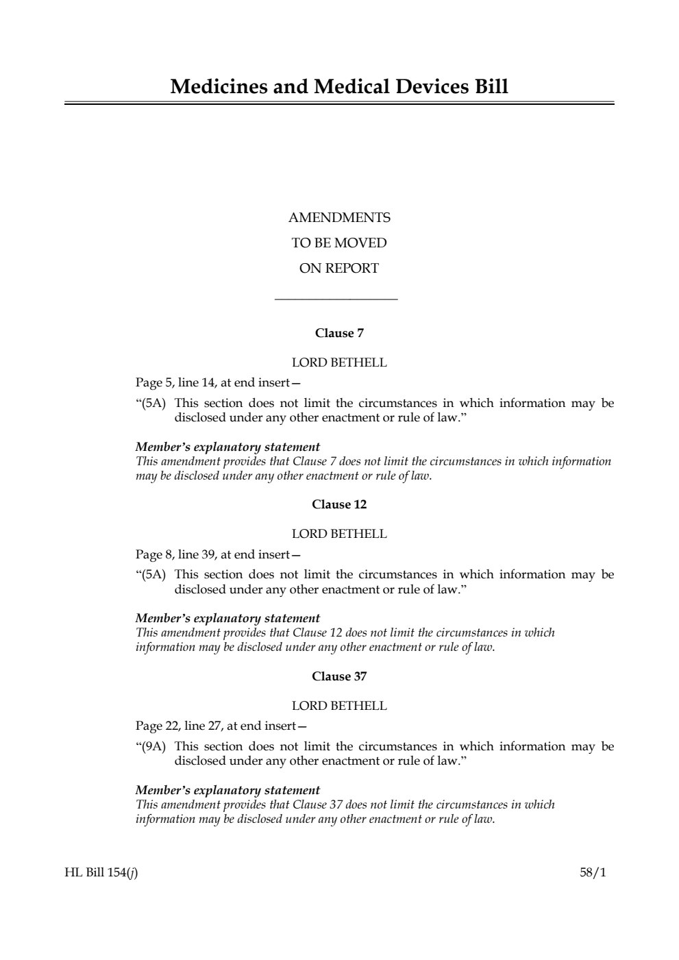 Medicines and Medical Devices Bill Amendments to be moved on report