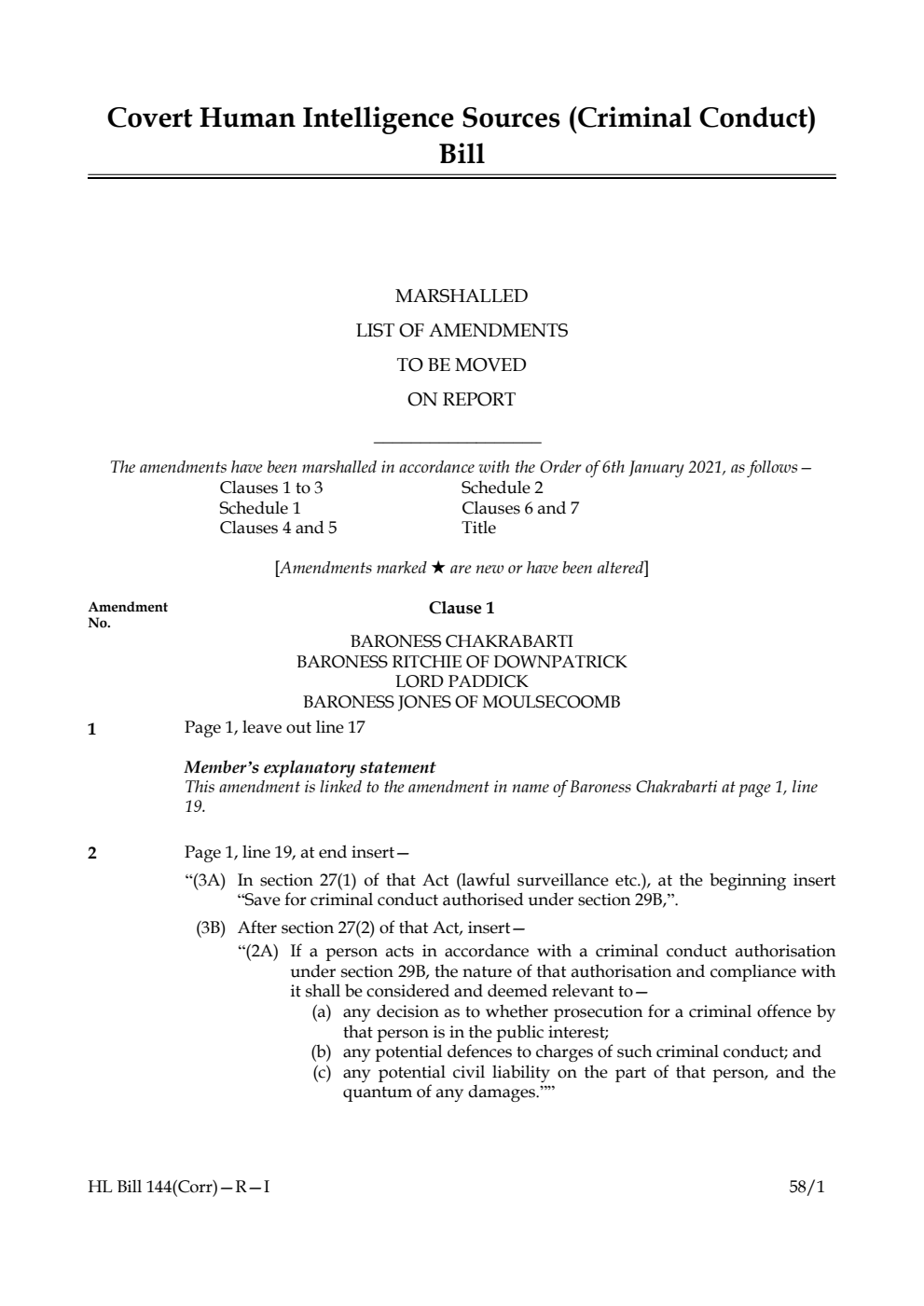 Covert Human Intelligence Sources (Criminal Conduct) Bill Marshalled List of amendments to be moved on report