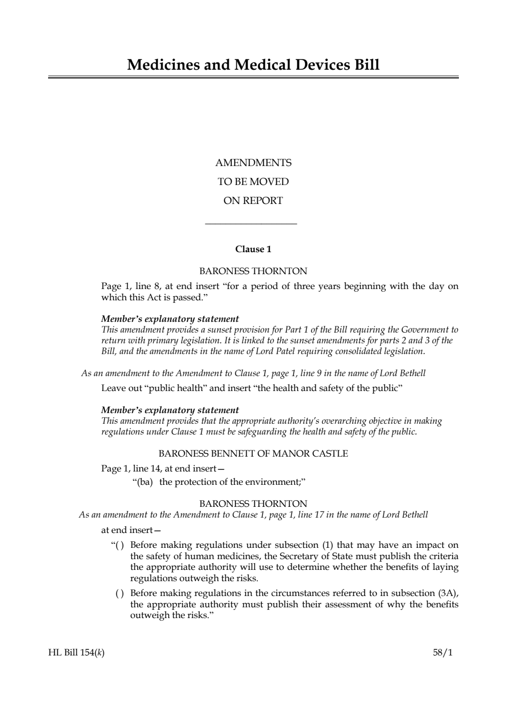 Medicines and Medical Devices Bill Amendments to be moved on report