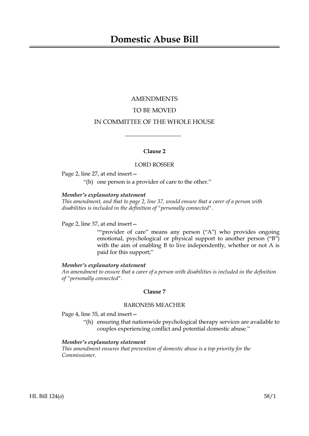 Domestic Abuse Bill Amendments to be moved in Committee of the Whole House