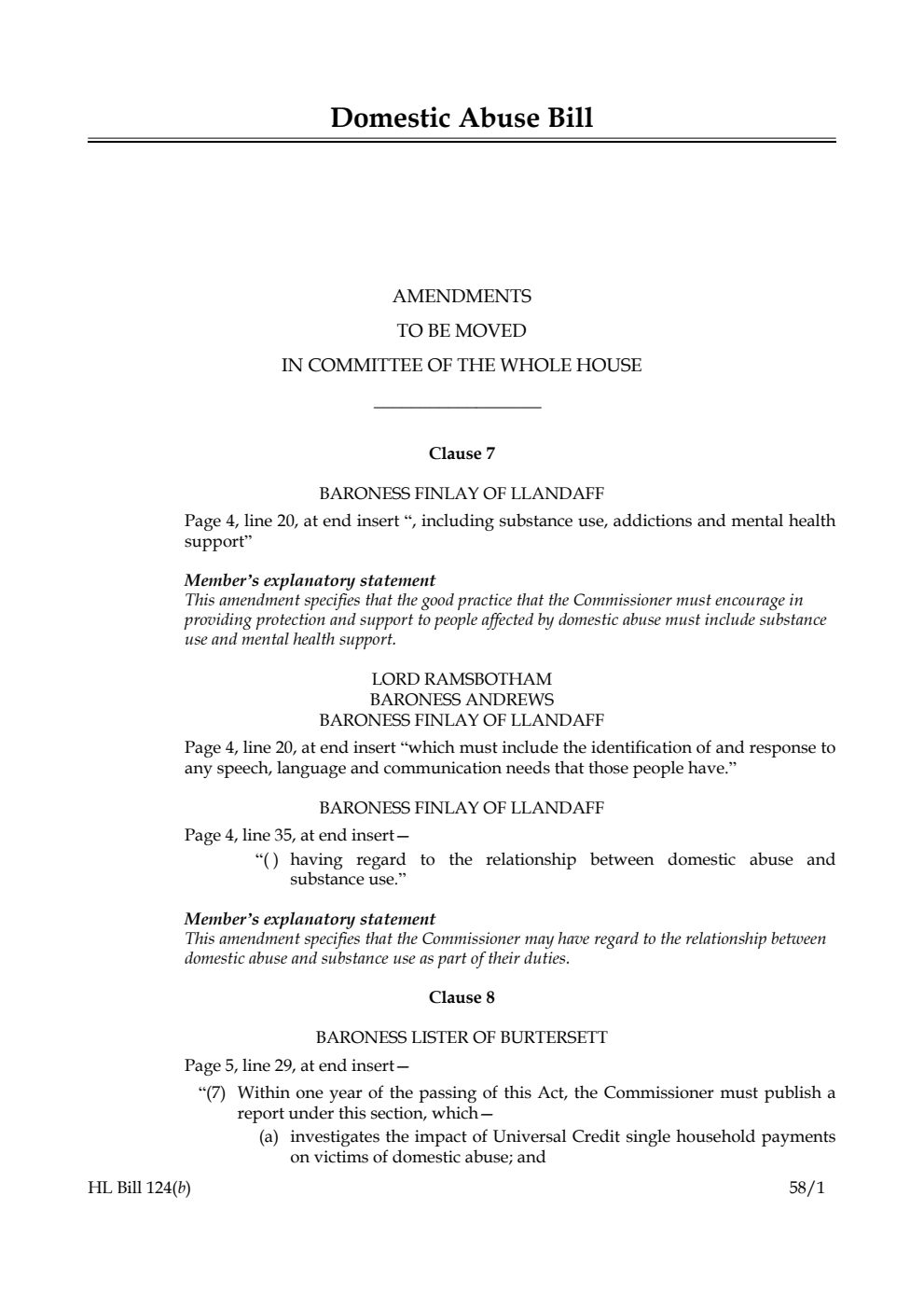 Domestic Abuse Bill Amendments to be moved in Committee of the Whole House