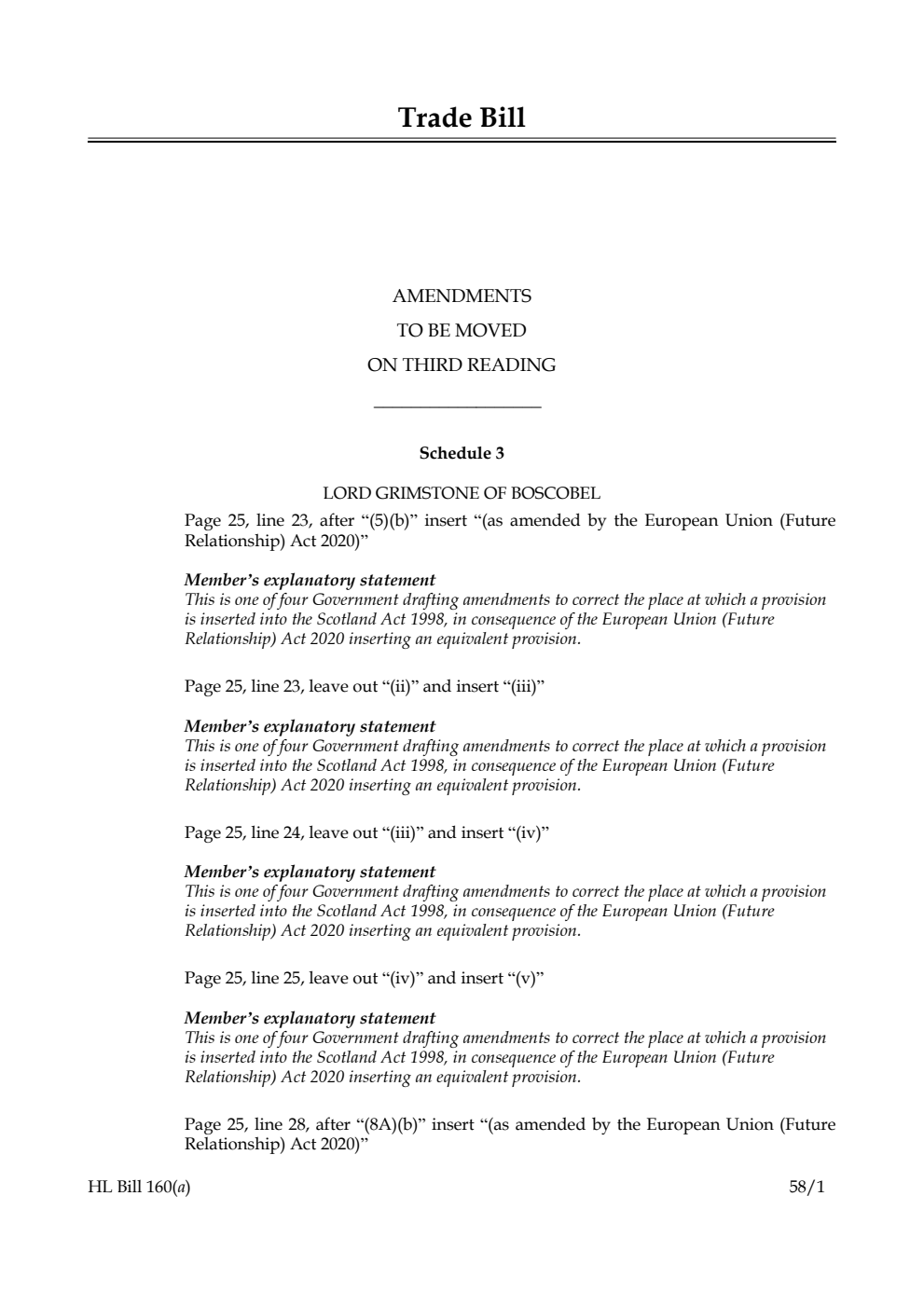 Trade Bill Amendments to be moved on third reading