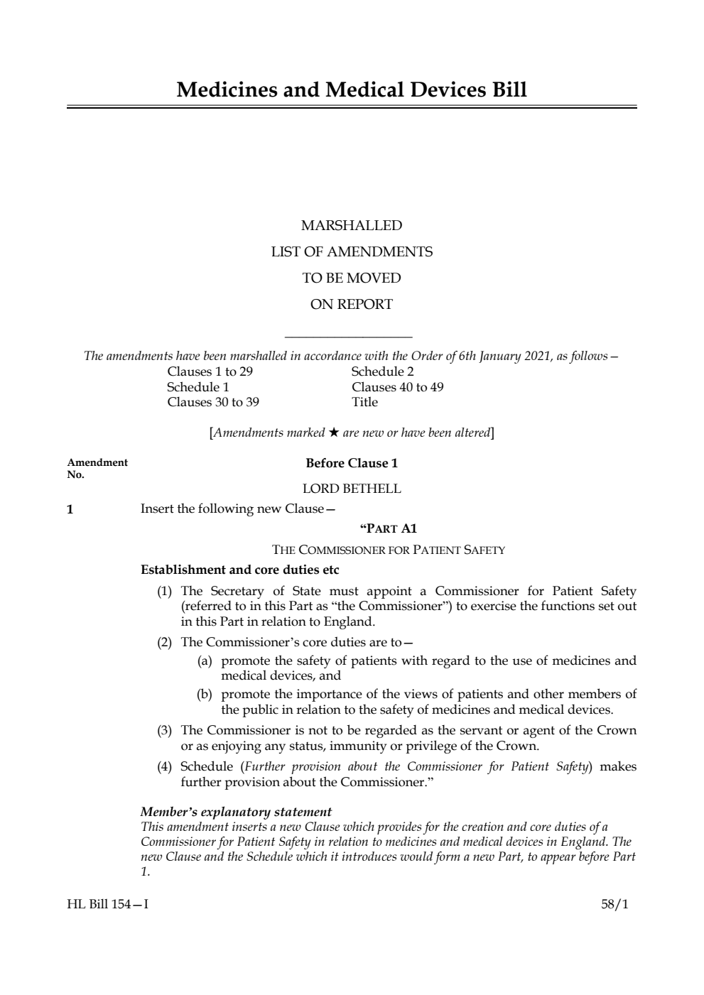 Medicines and Medical Devices Bill Marshalled List of amendments to be moved on report